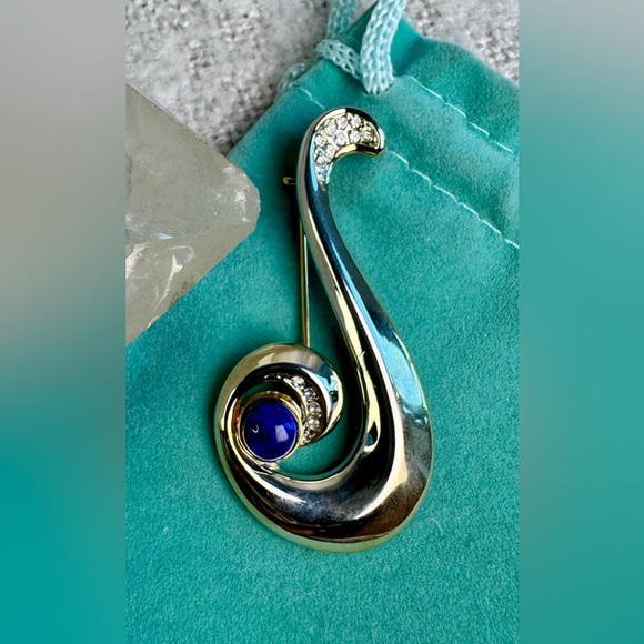 Silver & Gold Tone Blue Swirl Brooch - Picture 5 of 11